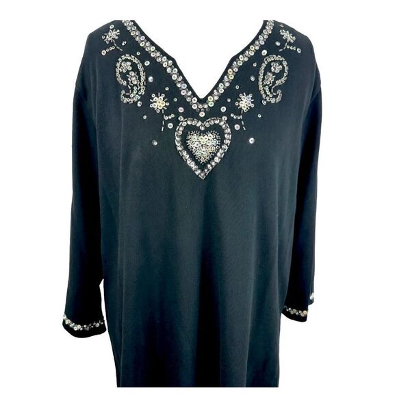 Quacker Factory Black Tunic Top Beaded Embellished Hearts n Paisley Plus Size 2X - Picture 7 of 8